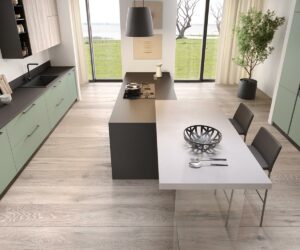Evo | Cucina Korinna rovere ghiaccio salvia laccato opaco